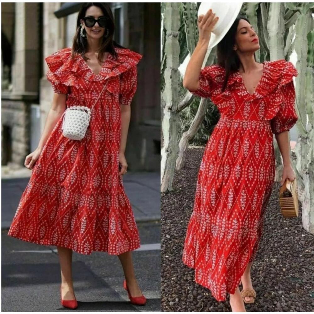 Zara Red Dress with Eyelet Embroidery Midi Length Size Small - Picture 1 of 16